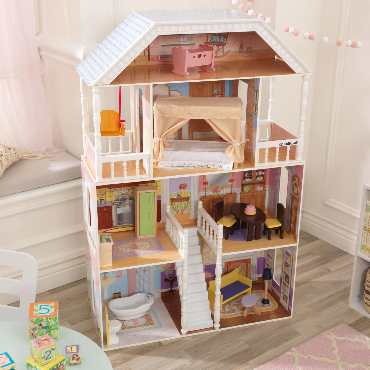 KidKraft Savannah Wooden Dollhouse, Over 4 Feet Tall With Porch Swing And 14 Accessories - Image 8