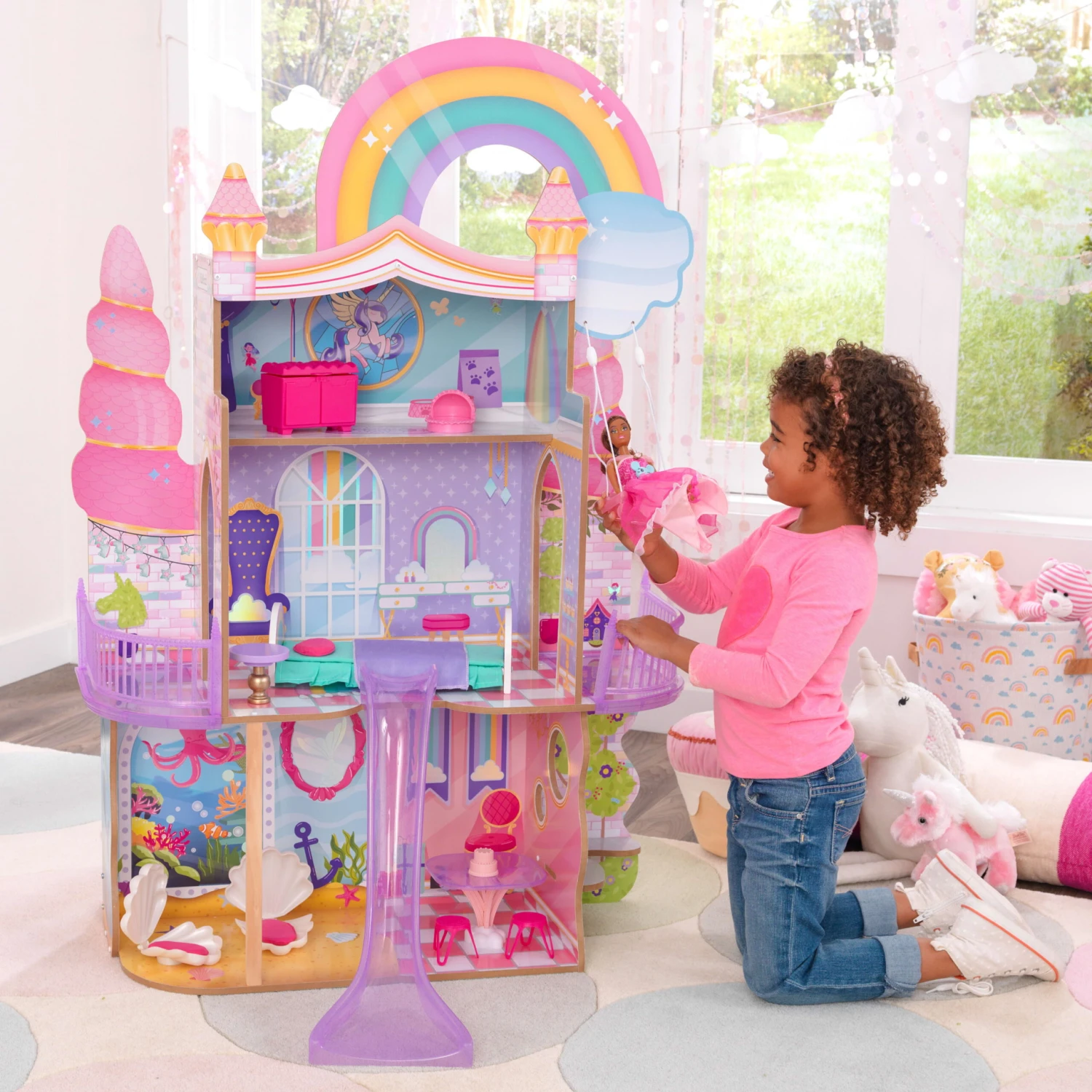 KidKraft Rainbow Dreamers Unicorn Mermaid Wooden Dollhouse With 15 Accessories - Image 3