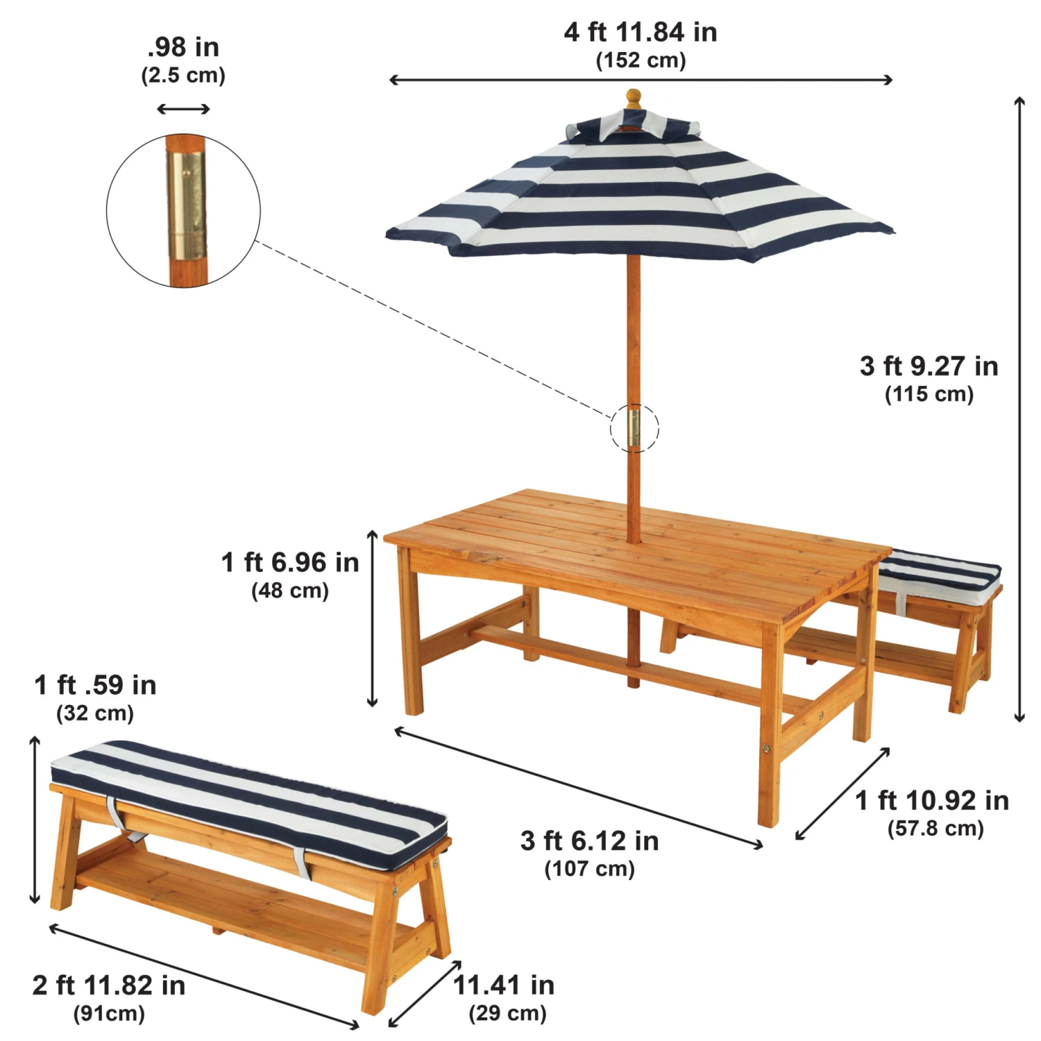 KidKraft Outdoor Wooden Table & Bench With Cushions And Umbrella, Navy, For Ages 3+ - Image 6