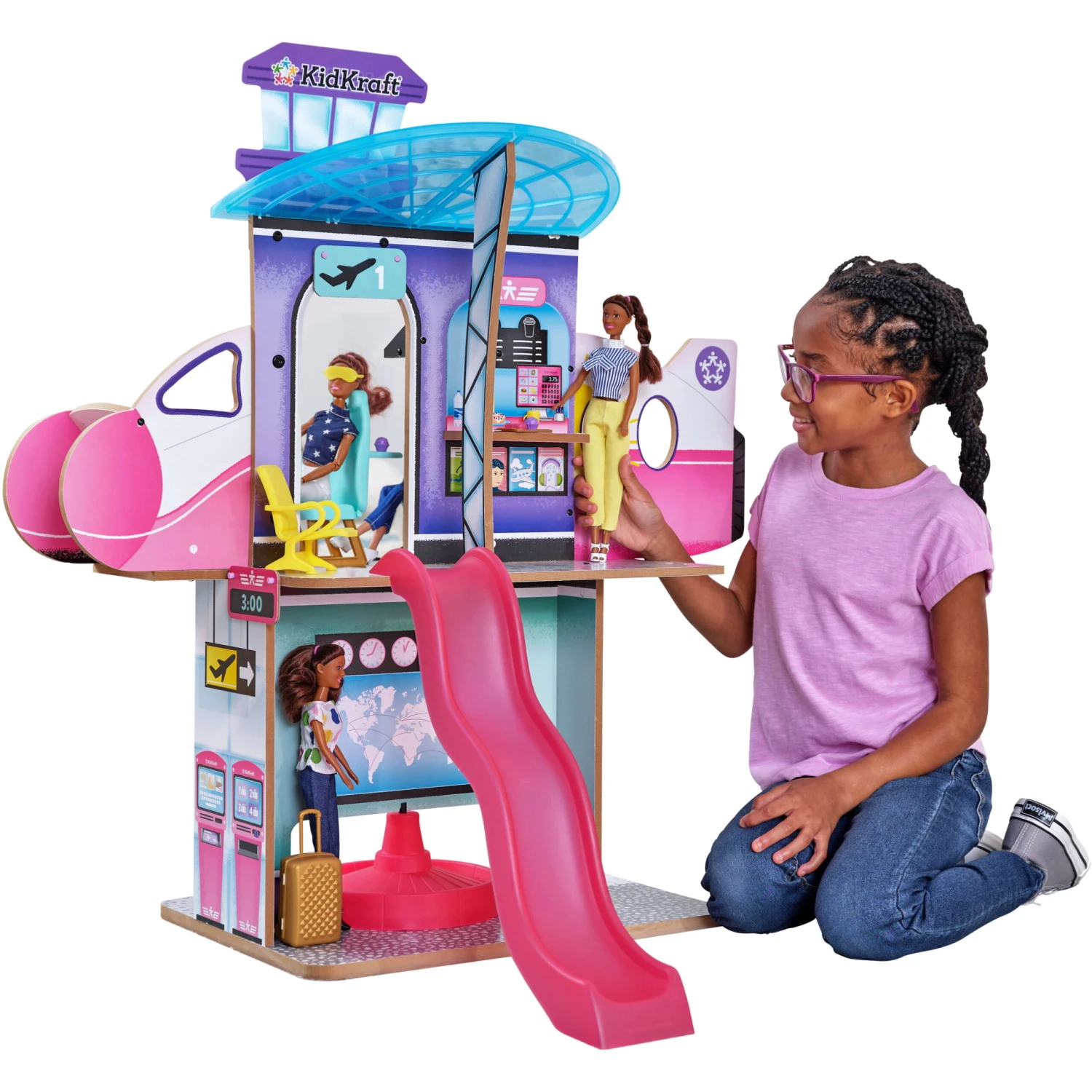 KidKraft Luxe Life 2-in-1 Wooden Airport & Jet Plane Doll Play Set