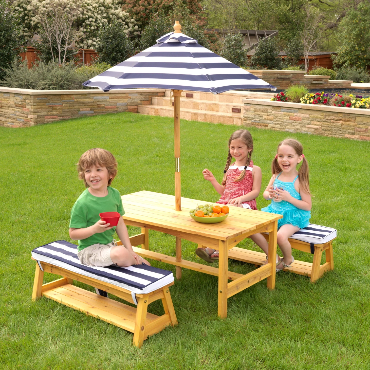 KidKraft Outdoor Wooden Table & Bench With Cushions And Umbrella, Navy, For Ages 3+ - Image 2