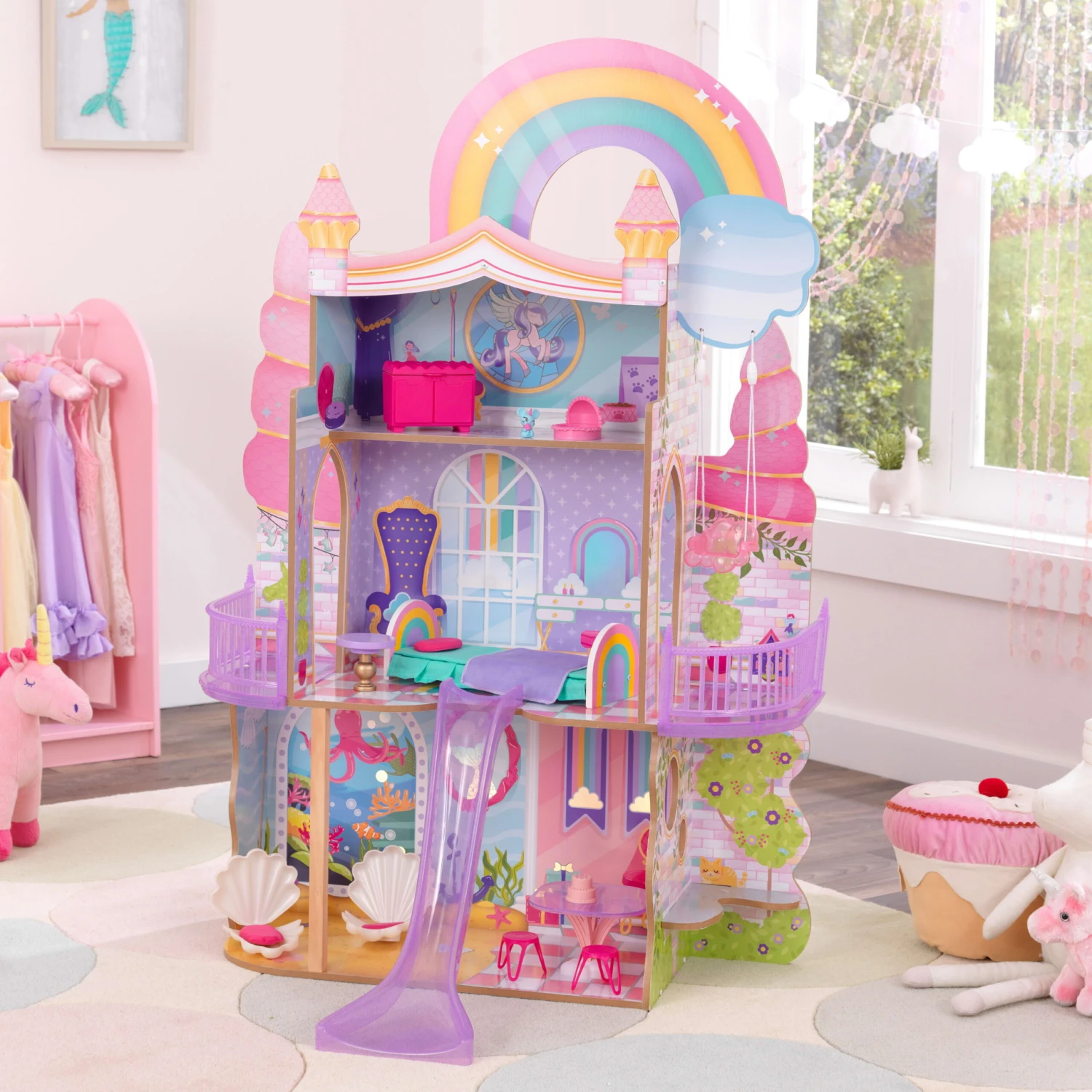KidKraft Rainbow Dreamers Unicorn Mermaid Wooden Dollhouse With 15 Accessories - Image 2