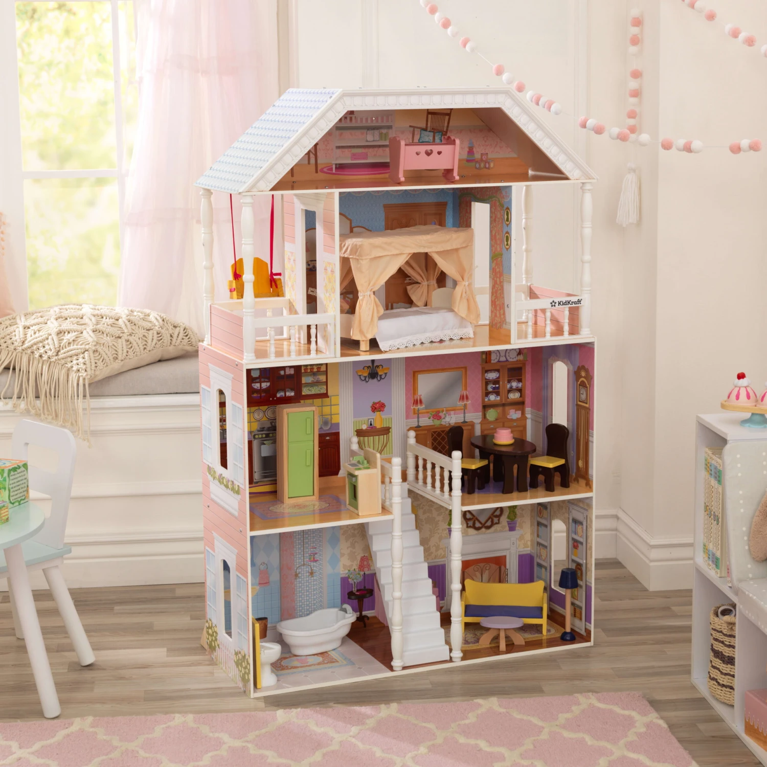 KidKraft Savannah Wooden Dollhouse, Over 4 Feet Tall With Porch Swing And 14 Accessories - Image 3