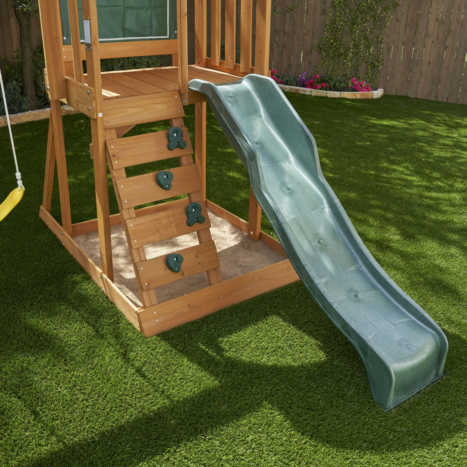 KidKraft Ainsley Wooden Outdoor Swing Set With Slide, Chalk Wall, Canopy And Rock Wall - Image 4