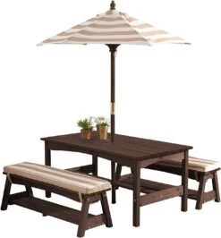 KidKraft Outdoor Wooden Table & Bench Set With Cushions And Umbrella, Kids Backyard Furniture, Espresso With Oatmeal And White Stripe Fabric, Gift For Ages 3-8, 42.25″ X 22.75″ X 19″, Honey