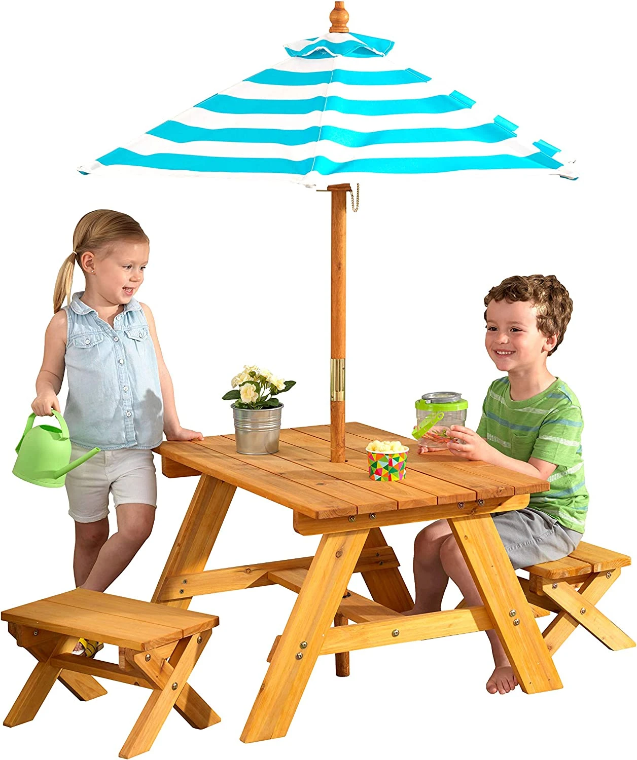 KidKraft Outdoor Wooden Table & Bench Set With Striped Umbrella, Children’s Backyard Furniture, Turquoise And White, Gift For Ages 3-8
