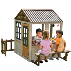KidKraft Pioneer Cottage Wooden Outdoor Playhouse With Doorbell And 13 Pieces