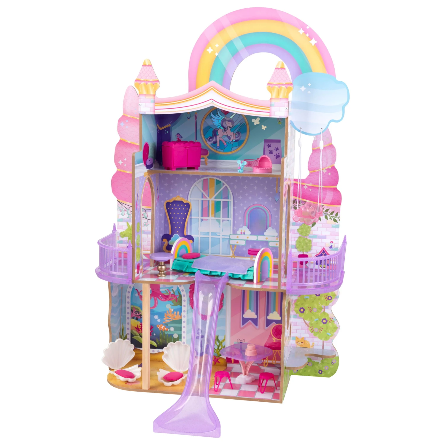 KidKraft Rainbow Dreamers Unicorn Mermaid Wooden Dollhouse With 15 Accessories