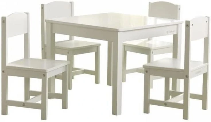 KidKraft Wooden Farmhouse Table & 4 Chairs Set, Children’s Furniture For Arts And Activity – White, Gift For Ages 3-8