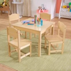 KidKraft Wooden Farmhouse Table & 4 Chairs Set, Children’s Furniture For Arts And Activity – Natural, Gift For Ages 3-8