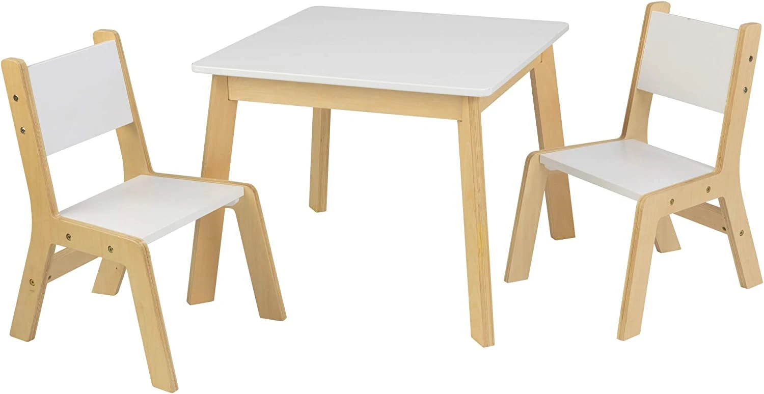 KidKraft Wooden Modern Table & 2 Chair Set, Children’s Furniture, White & Natural, Gift For Ages 3-8, 23.6 X 23.6 X 19