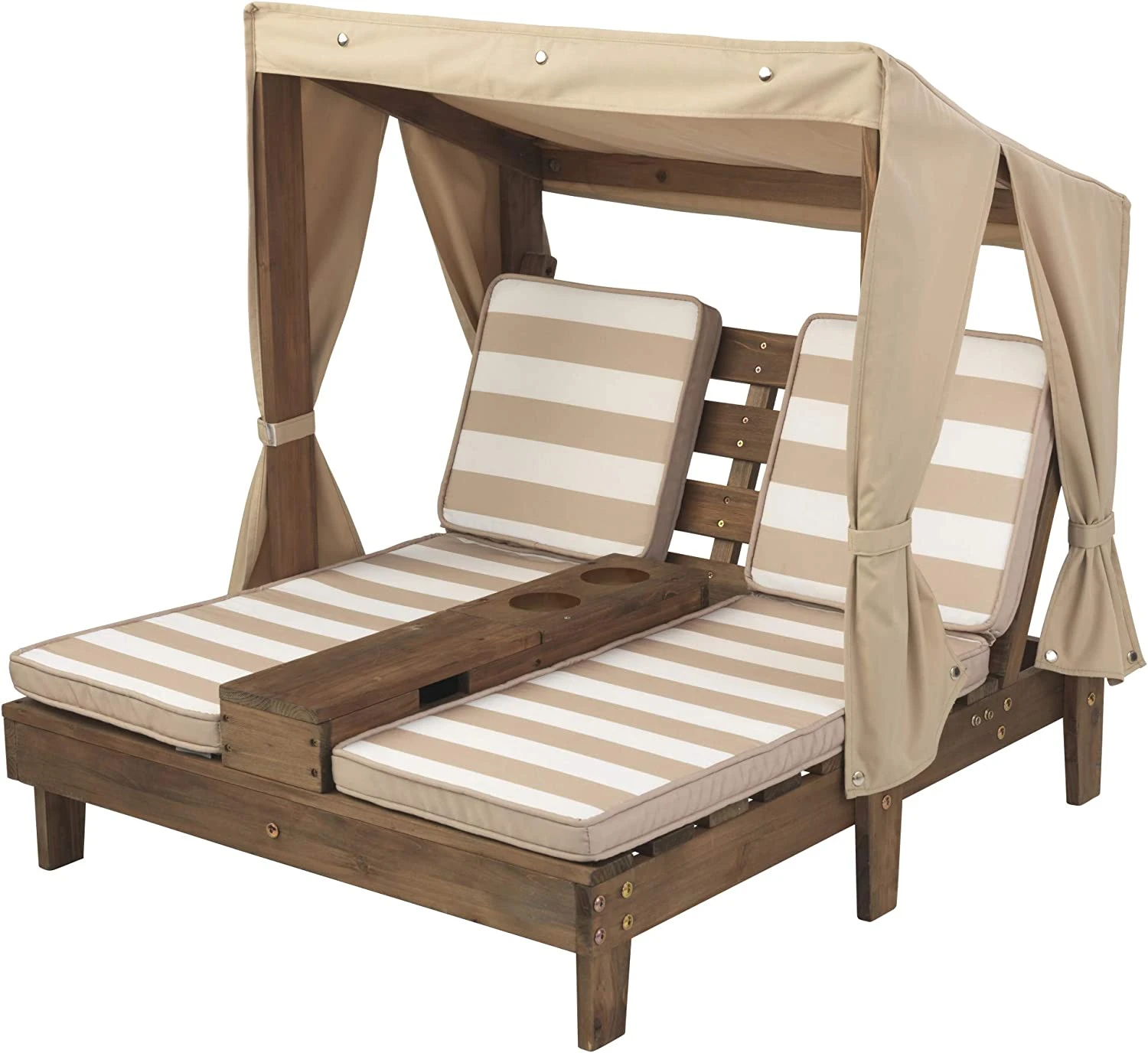 KidKraft Wooden Outdoor Double Chaise Lounge With Cup Holders, Patio Furniture For Kids Or Pets, Espresso With Oatmeal And White Striped Fabric
