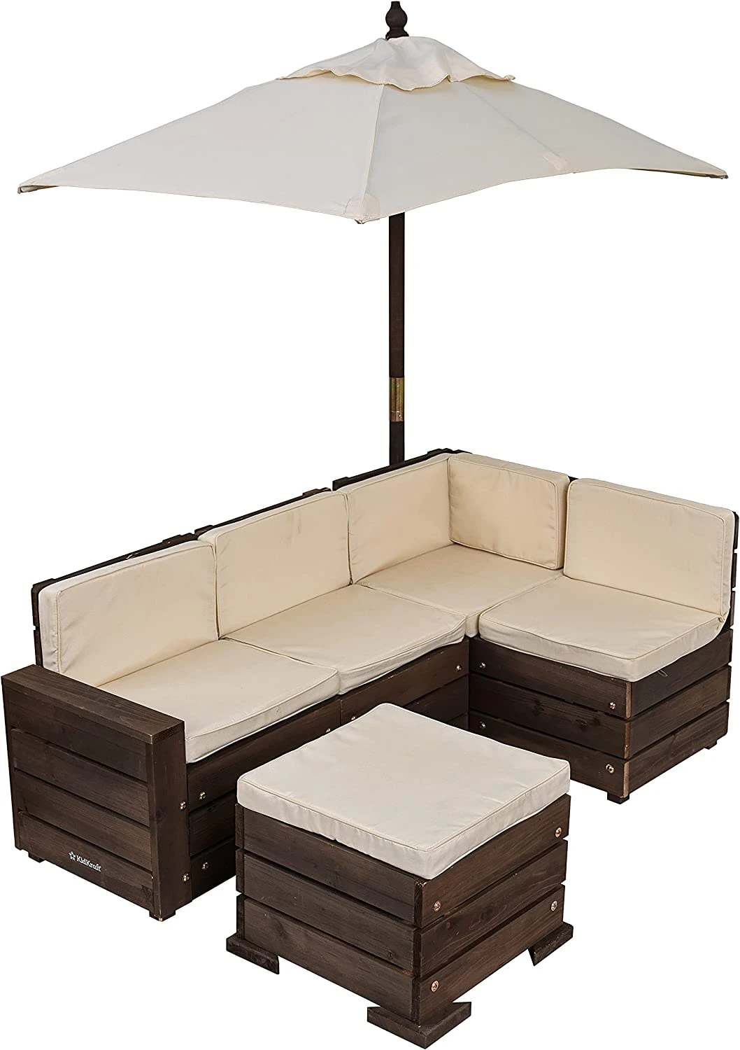 KidKraft Wooden Outdoor Sectional Ottoman & Umbrella Set With Cushions, Patio Furniture For Kids Or Pets, Bear Brown & Beige