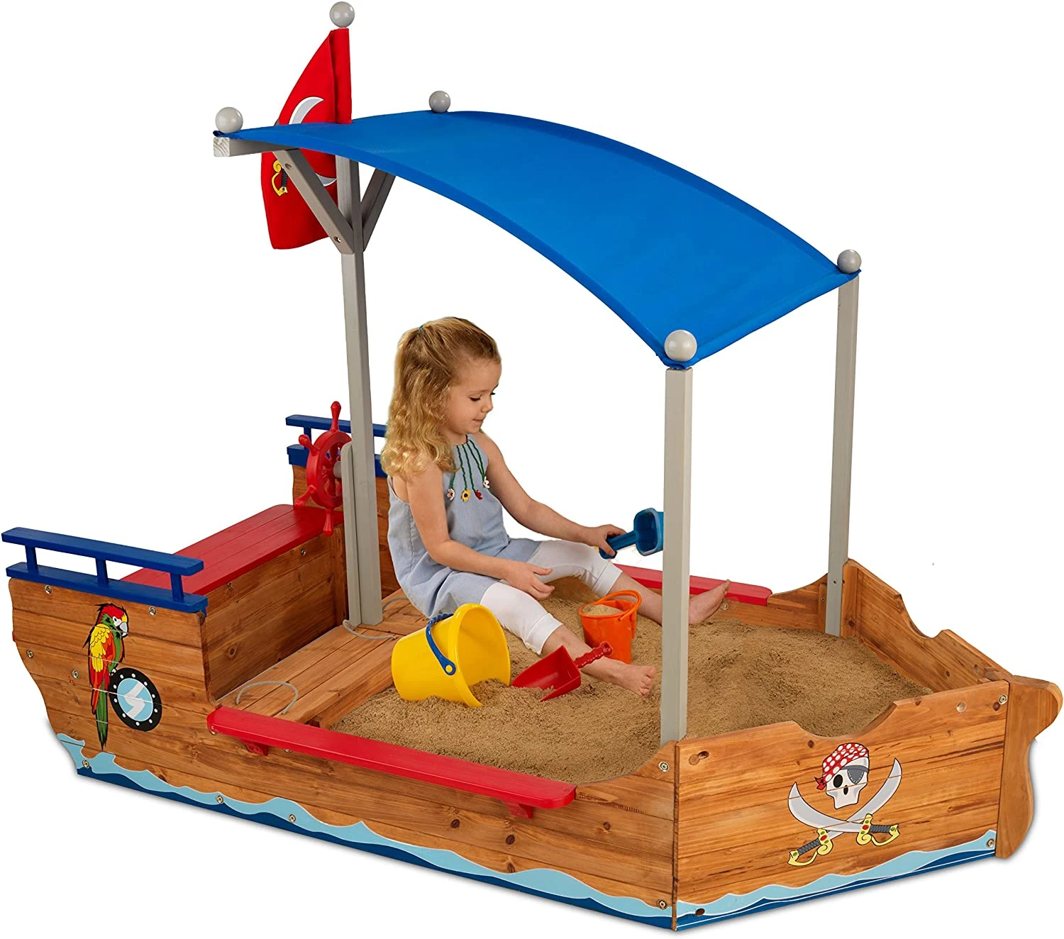 KidKraft Wooden Pirate Sandbox With Canopy, Covered Children’s Sandbox, Outdoor Furniture, Gift For Ages 3-8, 75.7 X 43.8 X 58.7, Natural