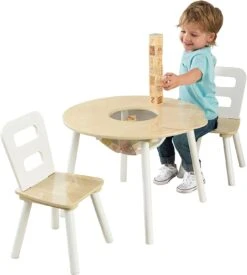 KidKraft Wooden Round Table & 2 Chair Set With Center Mesh Storage – Natural & White, Gift For Ages 3-6 23.5 X 23.5 X 17.3