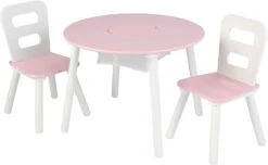 KidKraft Wooden Round Table & 2 Chair Set With Center Mesh Storage- Pink & White, 23.5 X 23.5 X 17.2