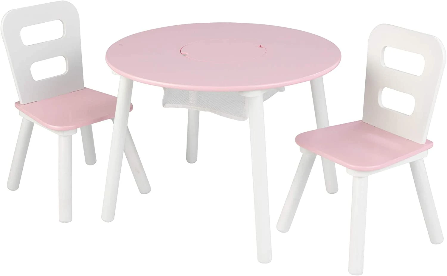KidKraft Wooden Round Table & 2 Chair Set With Center Mesh Storage- Pink & White, 23.5 X 23.5 X 17.2