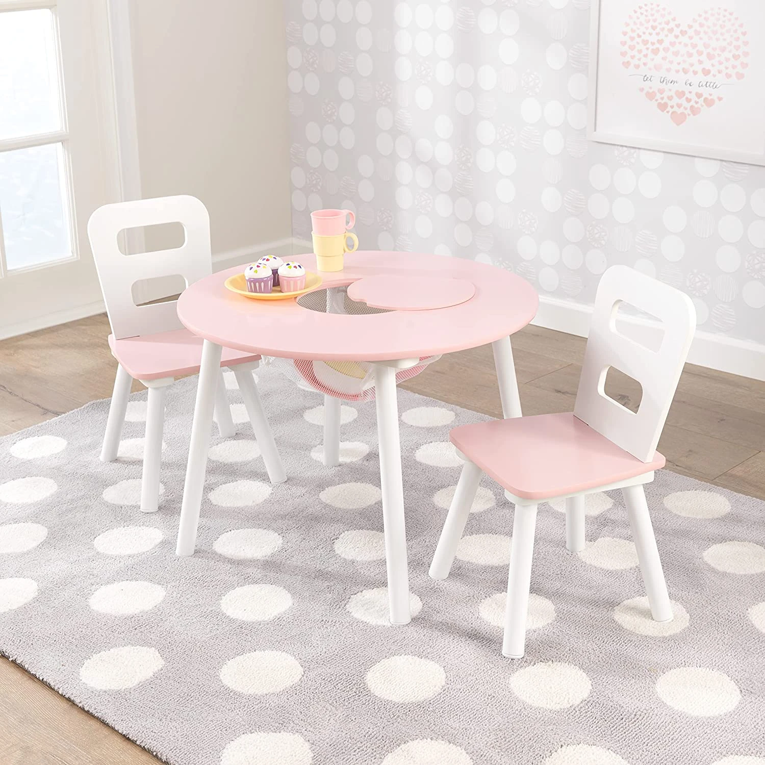 KidKraft Wooden Round Table & 2 Chair Set With Center Mesh Storage- Pink & White, 23.5 X 23.5 X 17.2 - Image 2