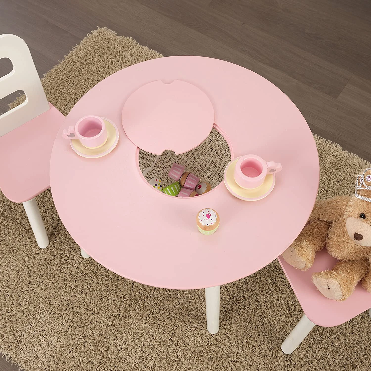 KidKraft Wooden Round Table & 2 Chair Set With Center Mesh Storage- Pink & White, 23.5 X 23.5 X 17.2 - Image 7