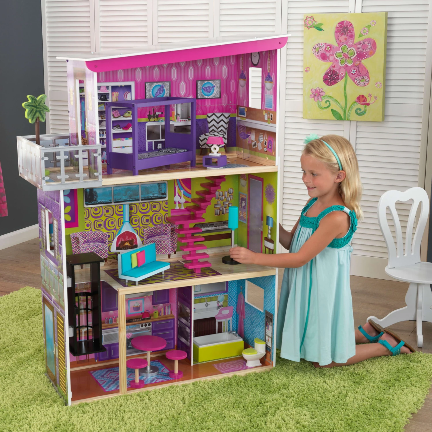 KidKraft Super Model Wooden Dollhouse With Elevator And 11 Accessories - Image 3