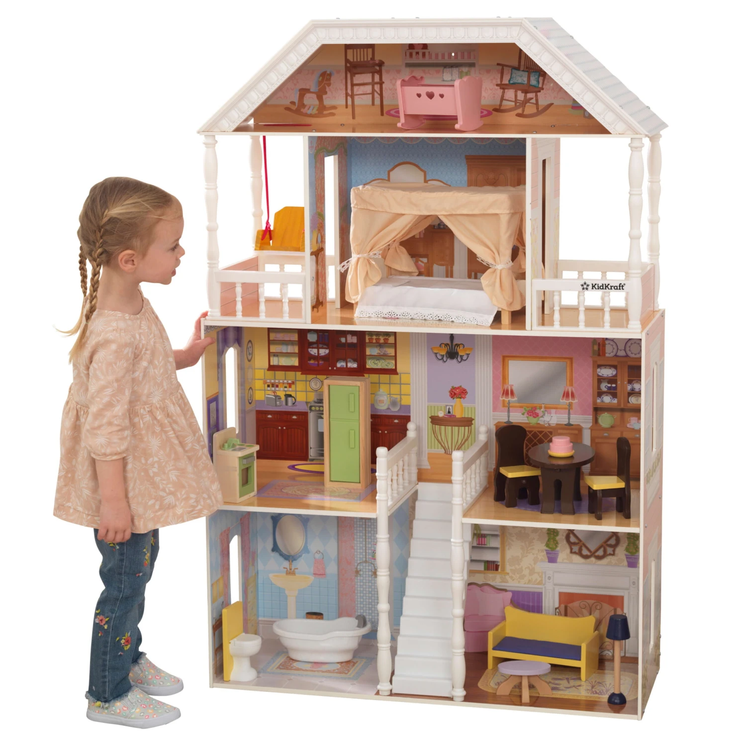 KidKraft Savannah Wooden Dollhouse, Over 4 Feet Tall With Porch Swing And 14 Accessories - Image 2