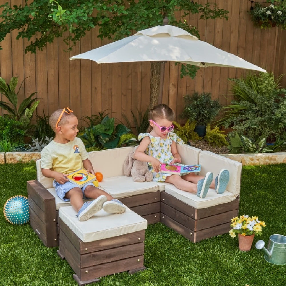 KidKraft Outdoor Sectional Ottoman And Umbrella Set - Bear Brown And Beige - Image 5