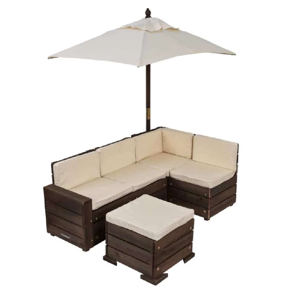 KidKraft Outdoor Sectional Ottoman And Umbrella Set - Bear Brown And Beige - Image 4