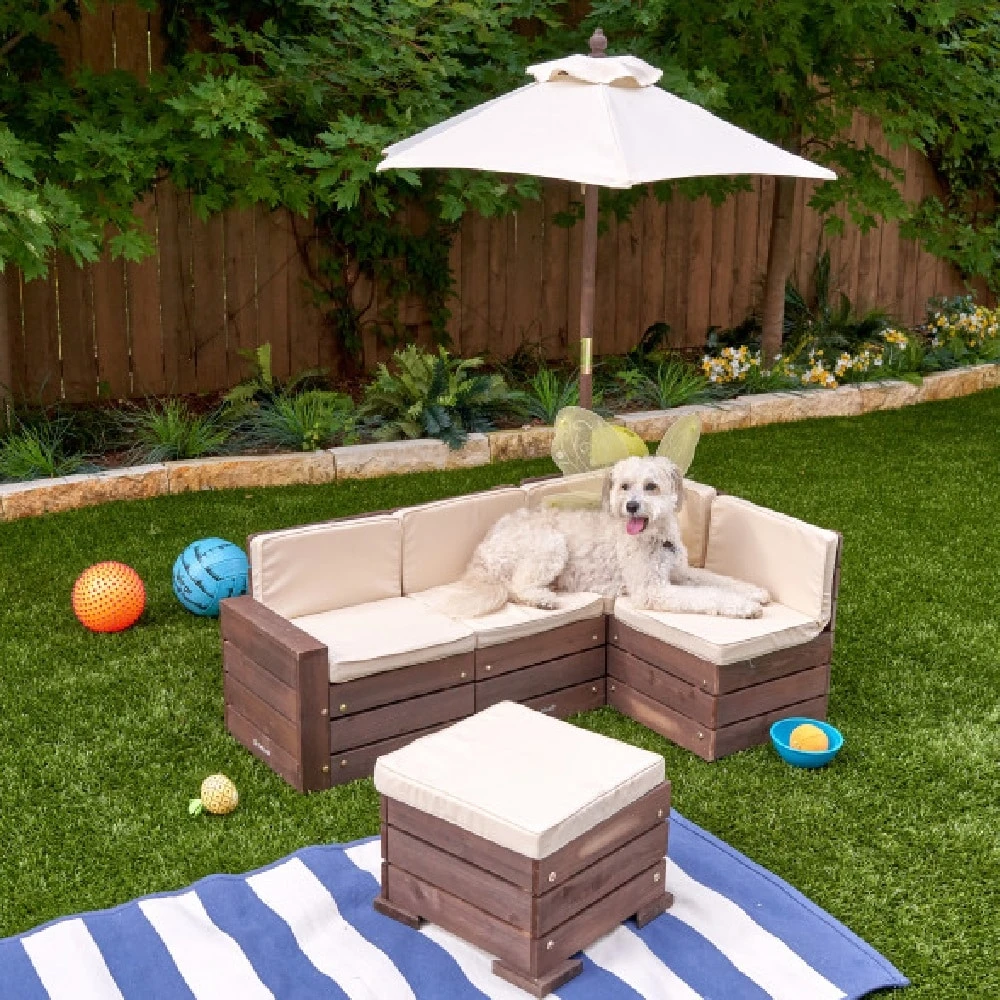 KidKraft Outdoor Sectional Ottoman And Umbrella Set - Bear Brown And Beige - Image 3