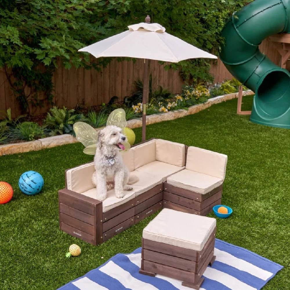 KidKraft Outdoor Sectional Ottoman And Umbrella Set - Bear Brown And Beige - Image 8