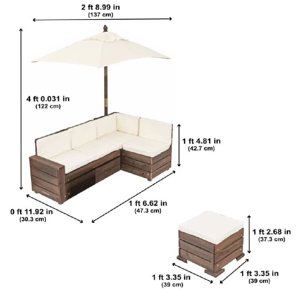 KidKraft Outdoor Sectional Ottoman And Umbrella Set - Bear Brown And Beige - Image 2